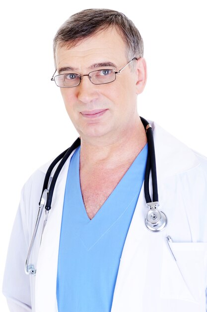 Portrait of caucasian mature male doctor with stethoscope on his neck