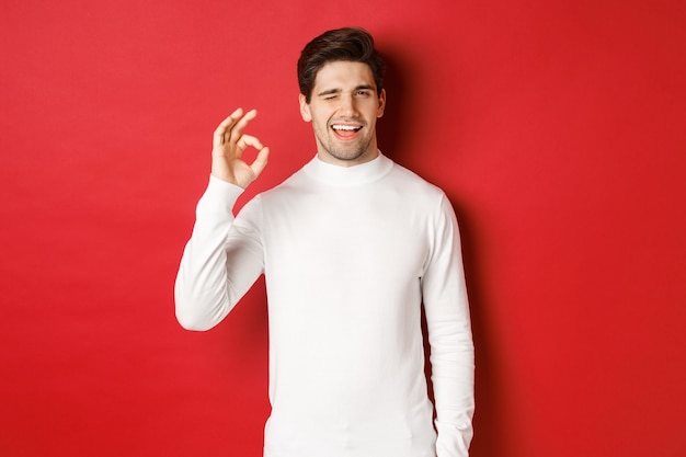Portrait of charismatic beaded guy in white sweater assure you winking and showing okay sign to guar...