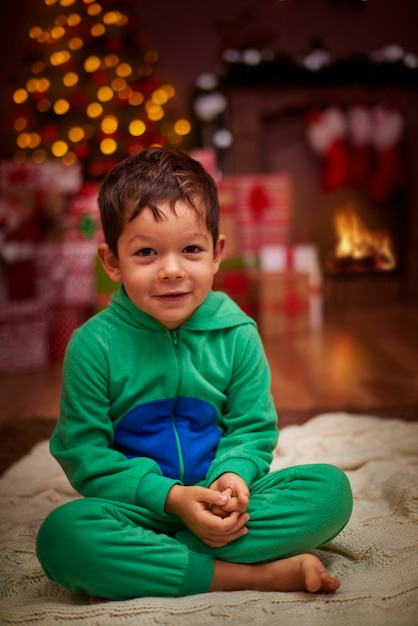 Free photo portrait of charming boy in the christmas scenery