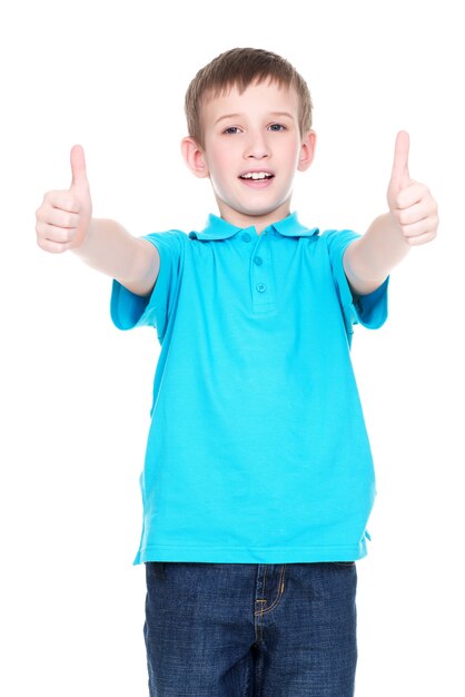 Portrait of cheerful boy showing thumbs up gesture - isolated over white.