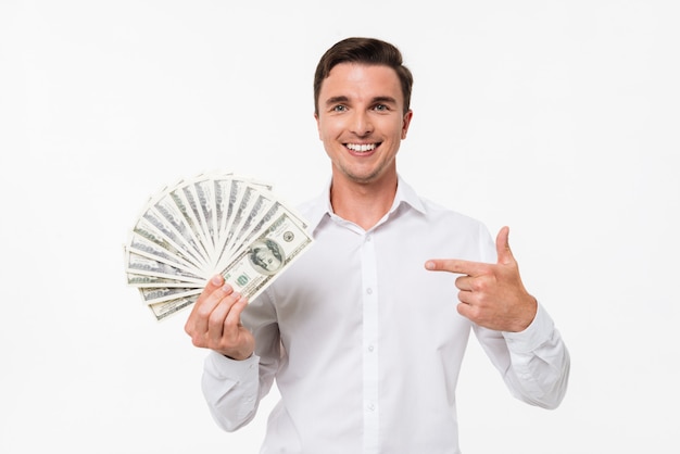 Portrait of a cheerful happy man in white shirt