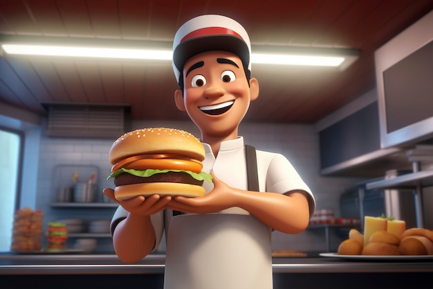 Foto gratuita ritratto di uno chef o di un cuoco che tiene in mano un hamburger fast food