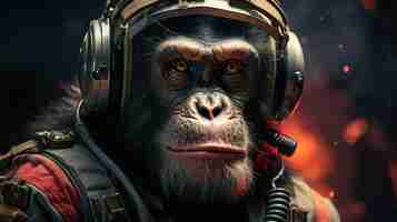 Free photo portrait of a chimpanzee wearing an astronaut helmet and headphones