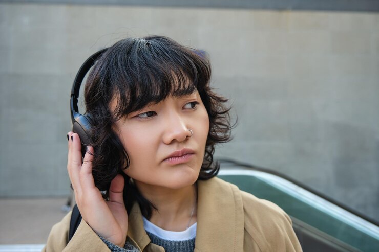 無料Photo ヘッドフォンをした複雑な韓国の若い女の子の肖像画は、立っている間眉をひそめ、がっかりしたように見える