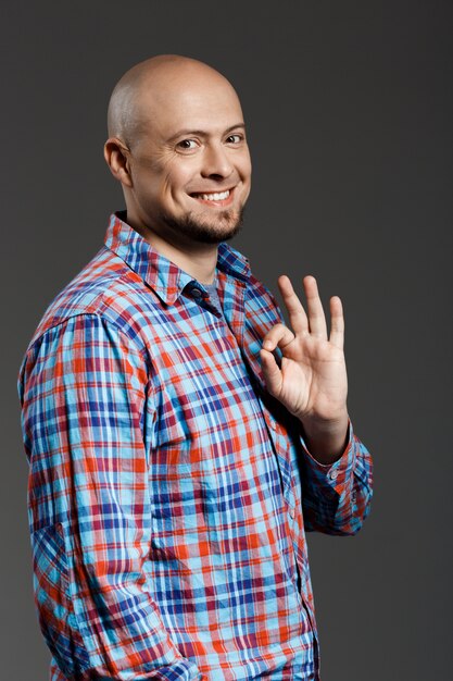 Portrait of confident handsome cheerful man in plaid shirt smiling at camera showing ok gesture over grey wall