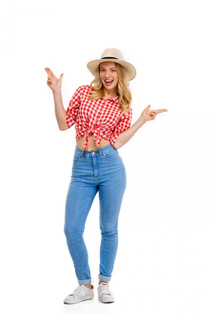 Portrait of country woman smiling on white.