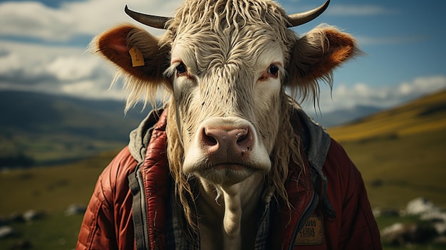 Foto gratuita ritratto di una mucca in montagna messa a fuoco selettiva