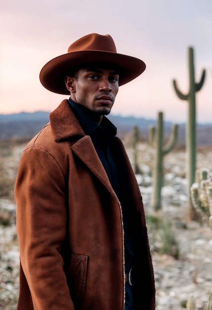 Foto gratuita ritratto di un cowboy con uno sfondo sfocato
