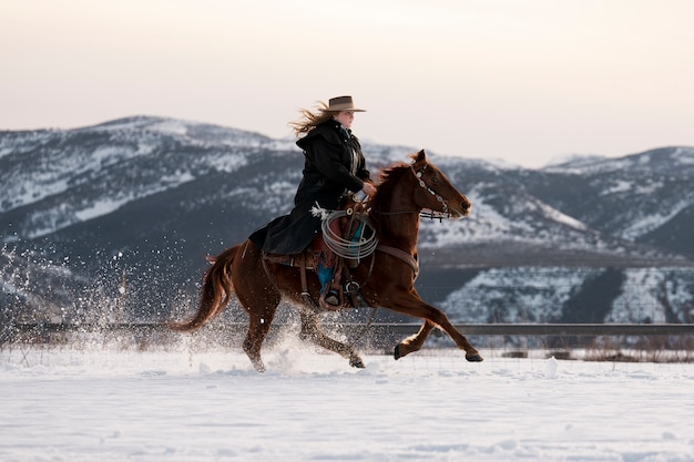 Free photo portrait of cowgirl on a horse