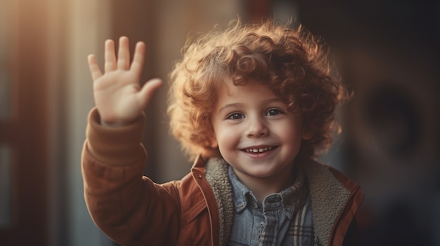 Free photo portrait of curly boy waving