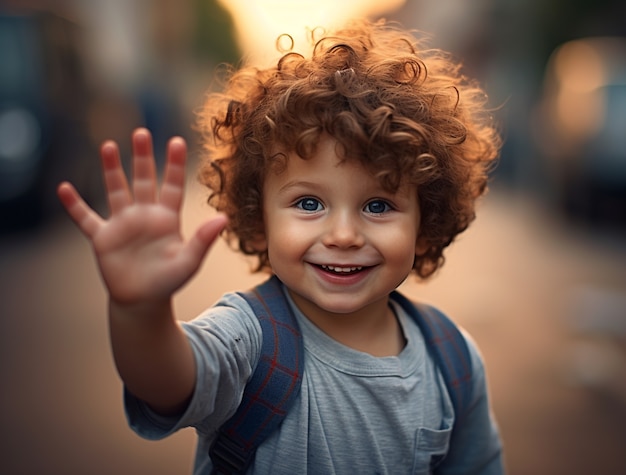 Free photo portrait of curly boy waving