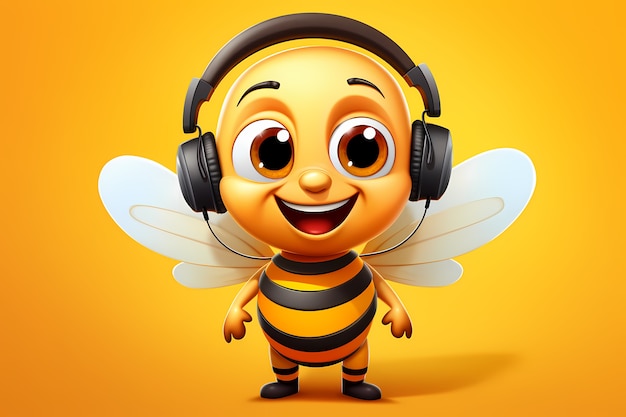 Портрет милой мультфильмовой пчелы с наушниками