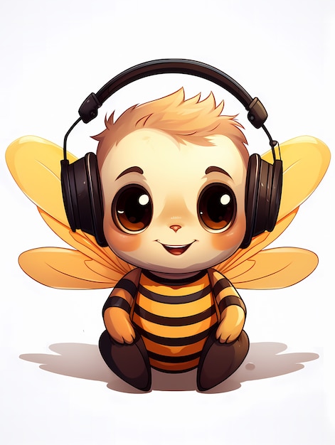 Portrait of cute animated cartoon bee with headphones