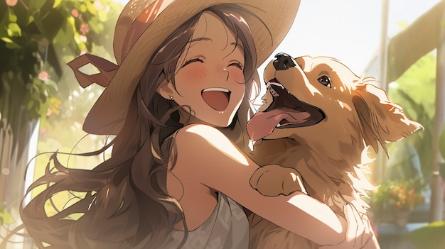 Foto gratuita ritratto di un adorabile cane in stile anime con il proprietario