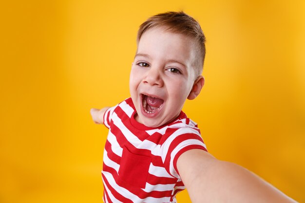 Portrait of a cute excited little boy taking selfie on mobile phone