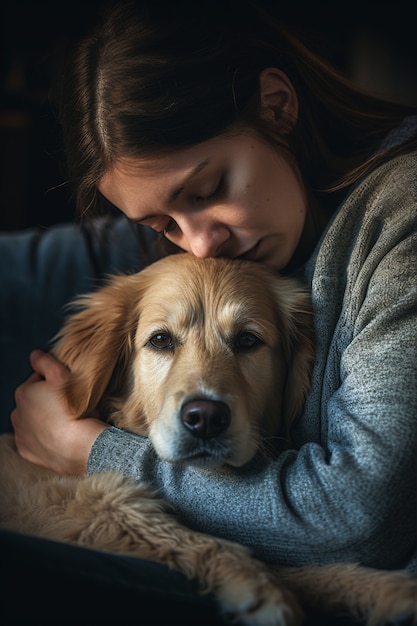 Портрет депрессивной женщины, обнимающей собаку