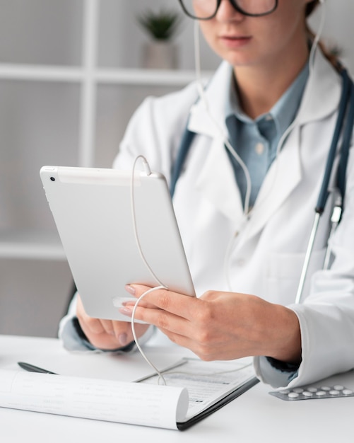 Portrait of doctor video conferencing at the clinic