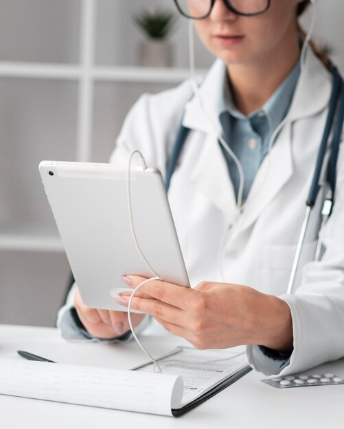 Portrait of doctor video conferencing at the clinic