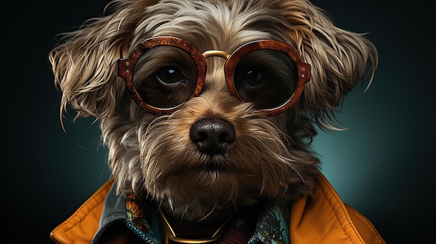 Portrait of a dog in a leather jacket and sunglasses Hipster style