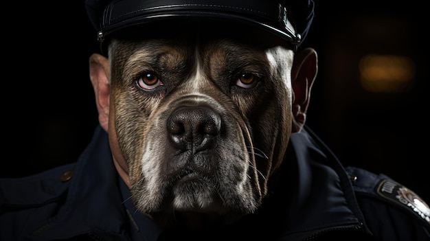 Портрет собаки в полицейской фуражке на черном фоне