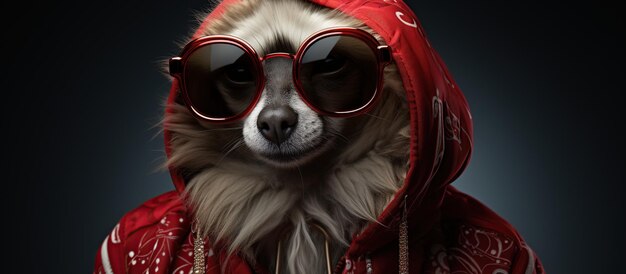 Free photo portrait of a dog in a red jacket and sunglasses on a black background