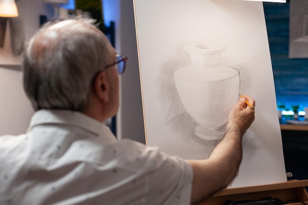 Portrait of elderly man working on still object masterpiece drawing in artistic workshop. Retired artist sketching creative vase model using pencil on white canvas on wooden easel in fine art studio.