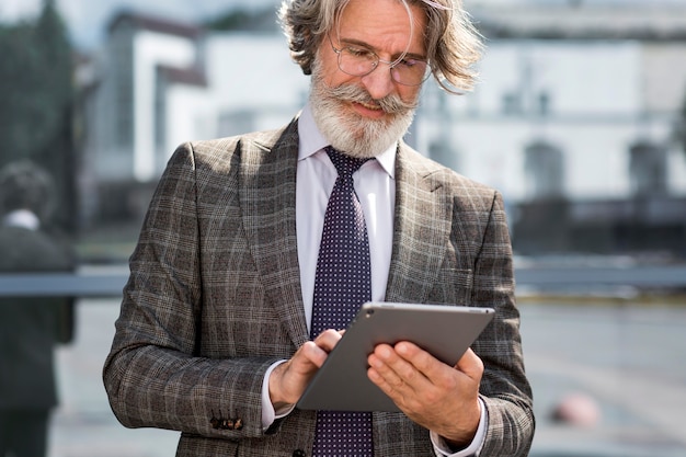 Free photo portrait of elegant mature male browsing tablet