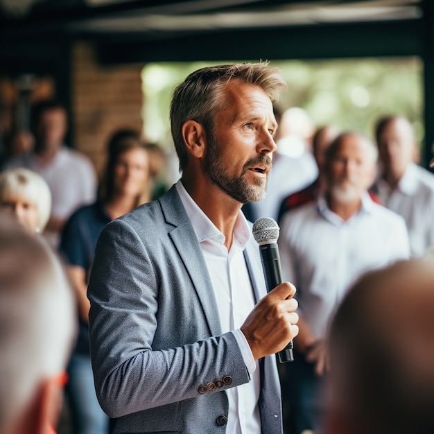 Foto gratuita ritratto di uomo d'affari elegante e professionale che parla a una conferenza