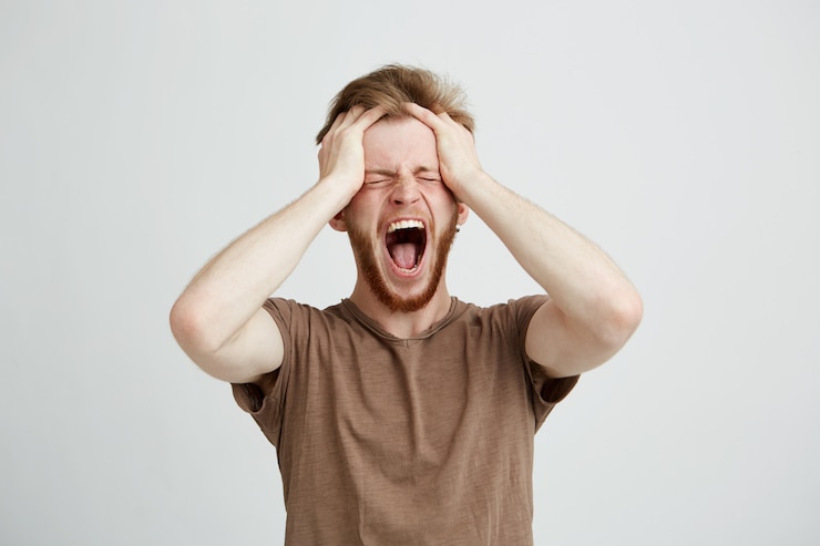 Free Photo portrait of emotional upset angry man shouting screaming holding head.