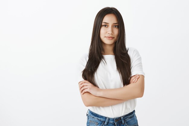 Portrait of European girl with tanned skin and dark hair