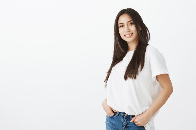 Portrait of European girl with tanned skin and dark hair