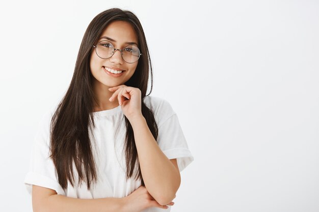 Portrait of European girl with tanned skin and dark hair