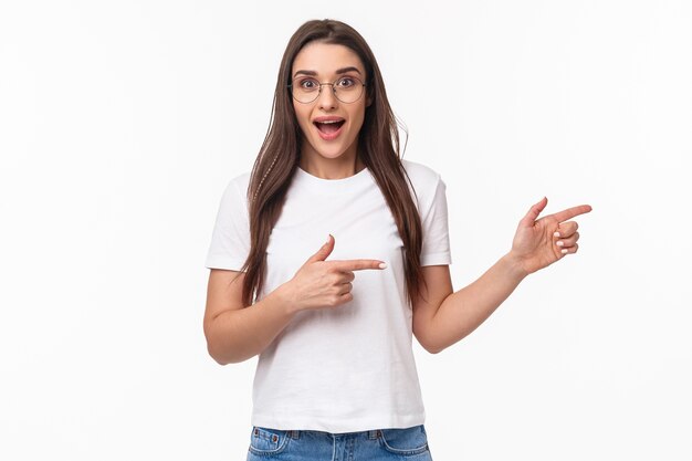 portrait of excited, enthusiastic brunette woman