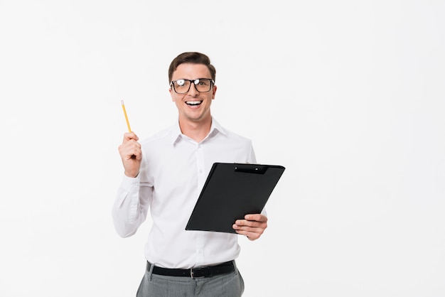 Portrait of an excited smart guy in white shirt