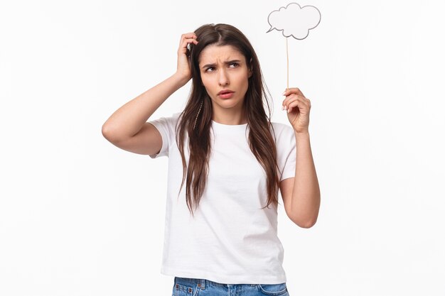 portrait expressive young woman holding bubble speech