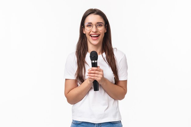 portrait expressive young woman singing