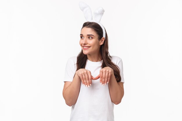 portrait expressive young woman wear rabbit ears