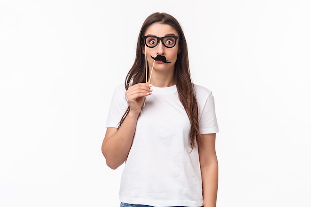 portrait expressive young woman wearing glasses mask