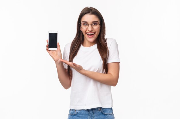 portrait expressive young woman with mobile