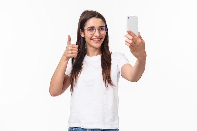 portrait expressive young woman with mobile