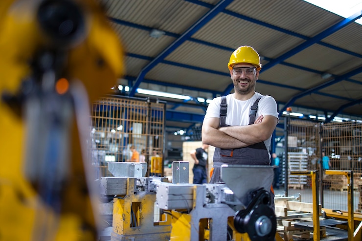 Free Photo portrait of factory worker with arms crossed standing by industrial machine