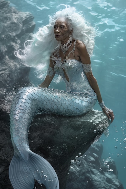 Foto gratuita ritratto di una donna anziana in fantasia come sirena