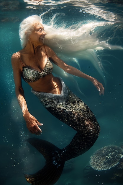 Foto gratuita ritratto di una donna anziana in fantasia come sirena