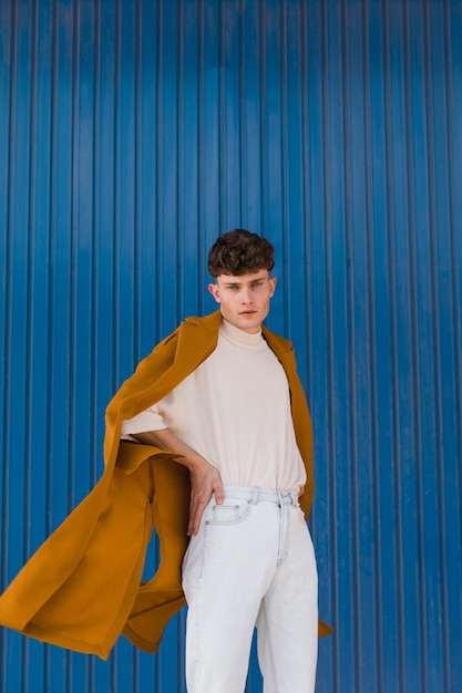 Portrait of fashionable boy against blue wall