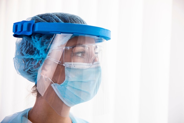 Portrait of female doctor in protection wear close-up