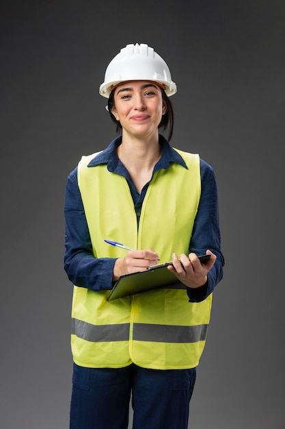 Portrait female engineer with clipboard