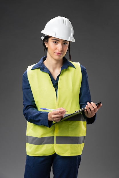 Portrait female engineer with clipboard