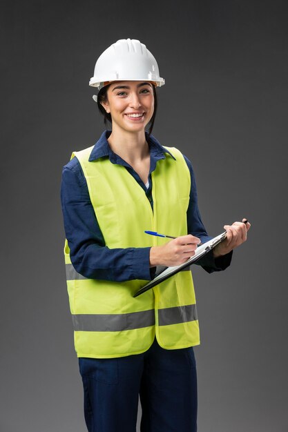 Portrait female engineer with clipboard