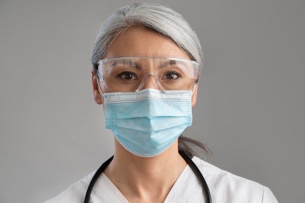 医療マスクを持つ女性の医療従事者の肖像画