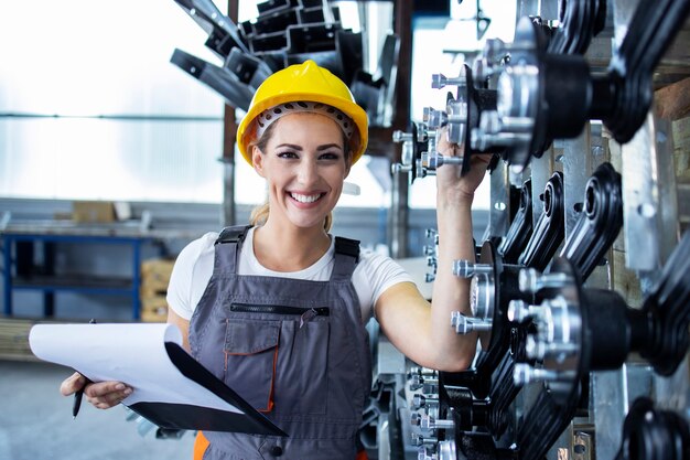 Portrait of female industrial employee in working uniform and hardhat standing in factory production line